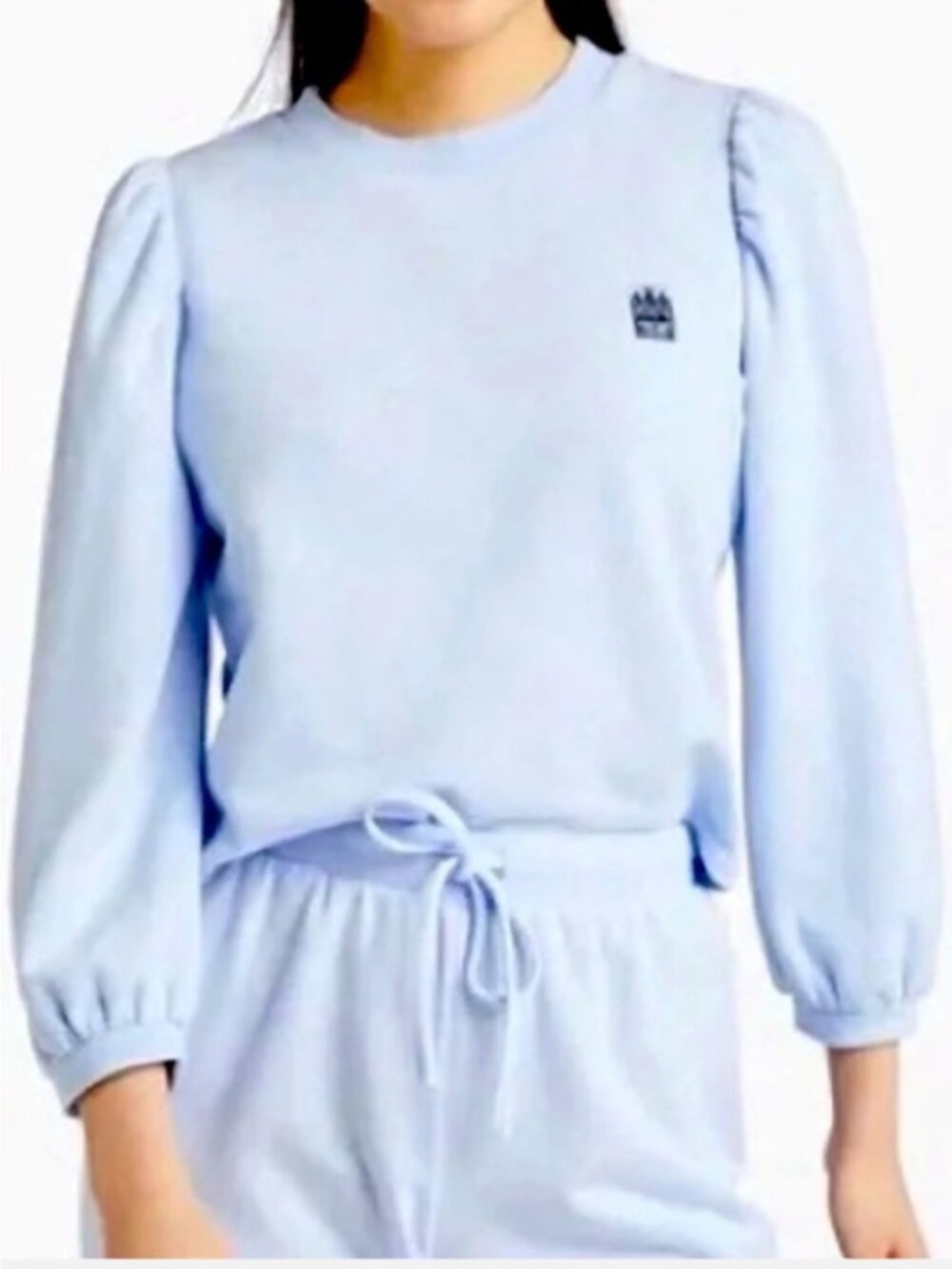 Hill House Teddy Puff Sleeve Sweatshirt Embroidered Logo Baby Blue Size XS